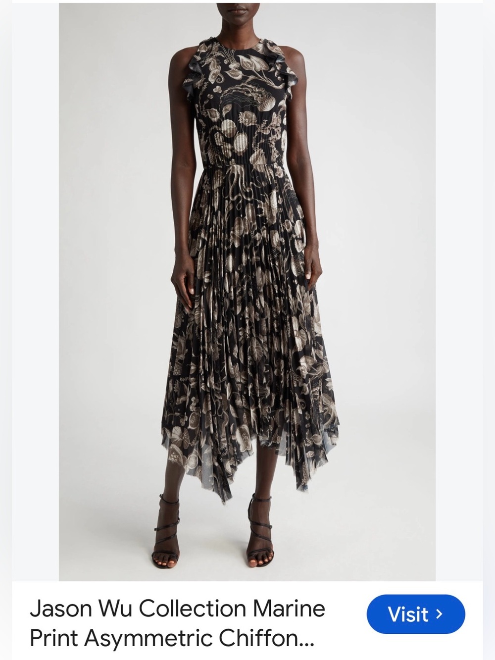 Jason Wu Collection Black & Cream Marine Print Asymmetric Chiffon Dress size 6